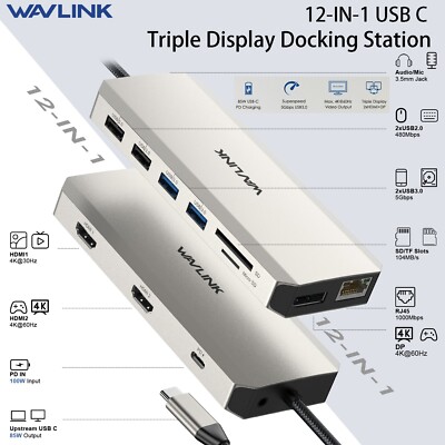 WAVLINK 12-in-1 USB C Hub Triple Display USB C Dock Multiport 2x HDMI + DP RJ45