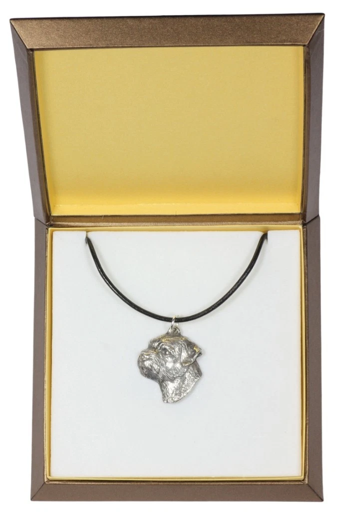 Border Terrier   Collier recouvert d'argent avec chien, dans sa boîte, Art Dog USA