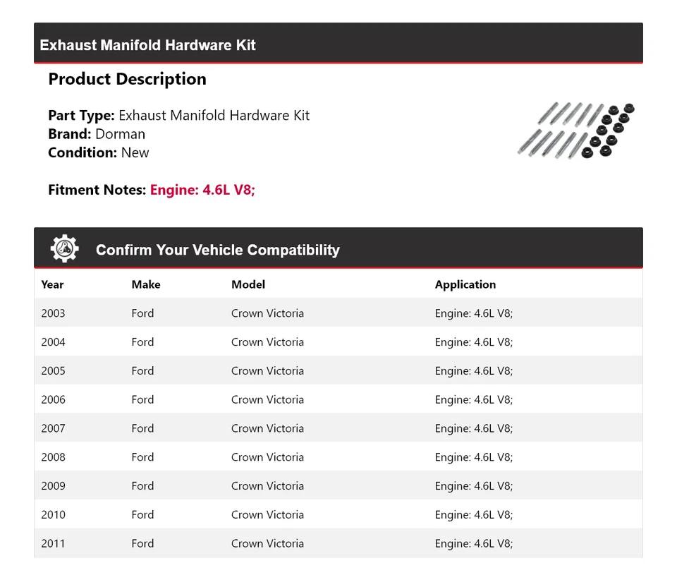 Комплект оборудования выпускного коллектора для Ford Crown Victoria 4,6 л V8 Dorman 2003-2011 годов выпуска - Изображение 2 из 4