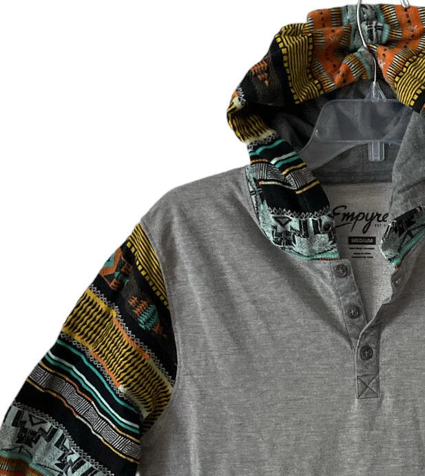 Empyre Hoodie Men s Gray Medium Aztec Print Sleeves Hood Kangaroo Pocket Nice