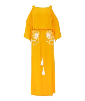 NWT Ancient Kallos Anthemio in Amber Embroidered Cold Shoulder Maxi Dress M