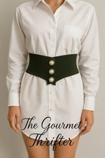 Olive Green Wide Stretch Cinch Belt with Faux Pearl Buttons Detail 29” S/M