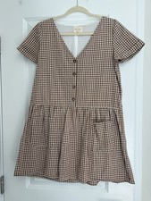 Sézane Brown/White Gingham Mini Dress V-Neck Button Front Pockets Lined 38