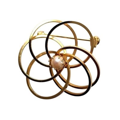 Vintage Gold Tone Faux Pearl Round Open Brooch Pin Statement Jewelry Gift