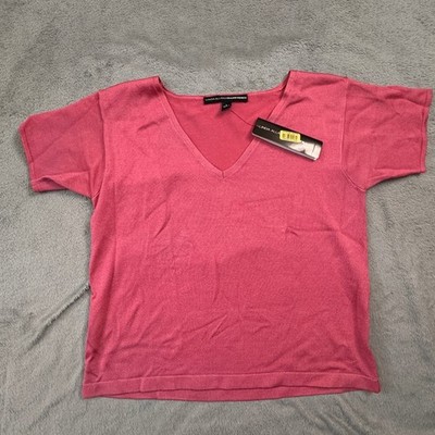 NWT Linda Allard Ellen Tracy V Neck Short Sleeve Silk Blend Sweater Top L Pink