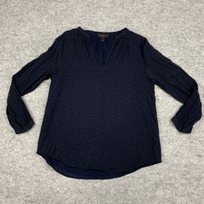 J Crew Silk Dot Blouse Top Style E7788 Size 2 Navy Blue 3/4 Sleeve Notch Neck
