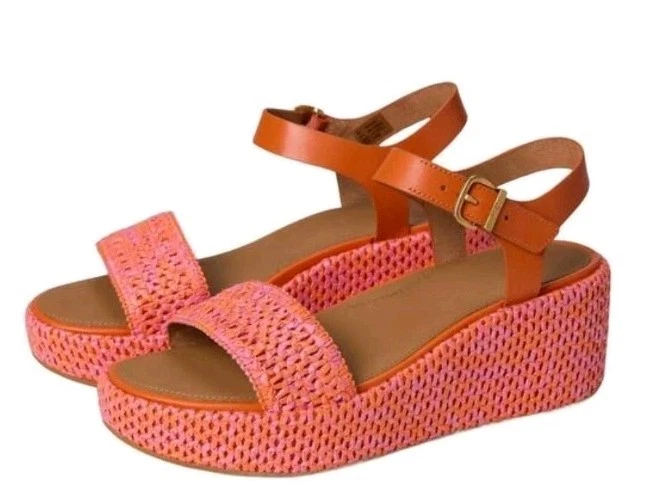 FitFlop Orange Woven Wedge Ankle Strap Platform Sandals Size 10 NEW