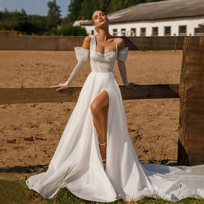 Sweetheart A-Line Wedding Dress Spaghetti Straps Long Sleeves Beach Bridal  Gown | eBay