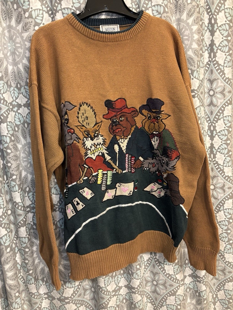 Vintage Kelton Dexter Dogs Playing Poker Brown Sweater Size Large