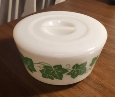 Hazel Atlas White Milkglass Green Ivy Refrigerator Dish With Lid
