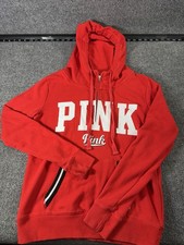Victoria's Secret PINK Full Zip Hoodie Red Logo Fleece Crew Neck Size S