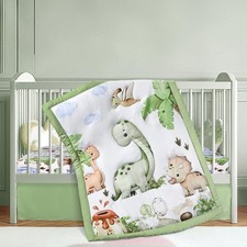 Hahafelt 3 Pcs Baby Crib Bedding Set Safari Animals Dinosaurs Crib, Green