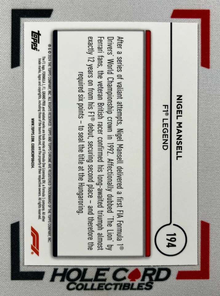 NIGEL MANSELL 2024 Topps Chrome Formula 1 F1 #194 Orange Red Refractor (2) - Image 2 of 3