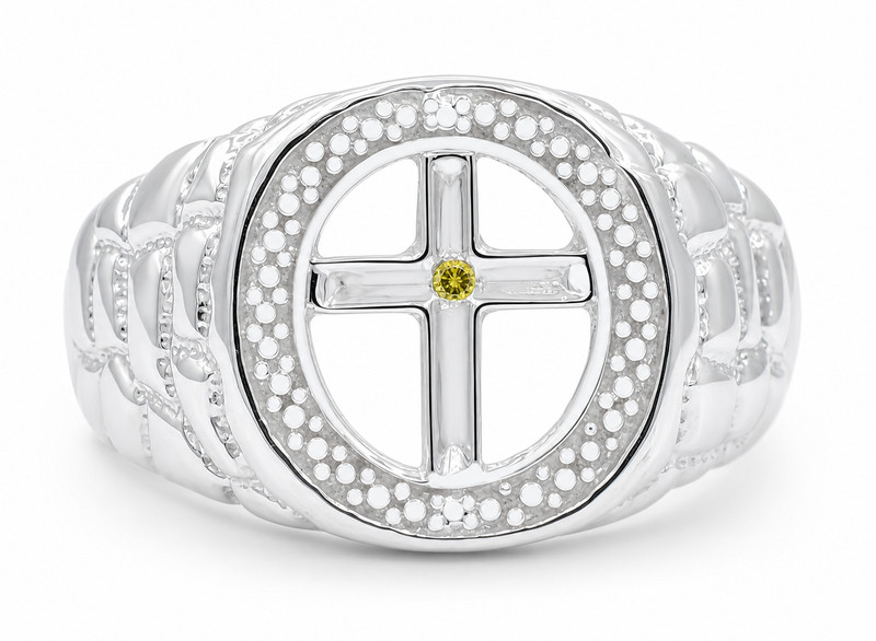 GENUINE CANARY DIAMOND CROSS MEN'S RING .925 Sterling Silver - NEW WITH TAG