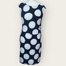 ROMAN Women's Navy Blue & White Large Polka Dot Bodycon Dress - Size 10 - Ruched