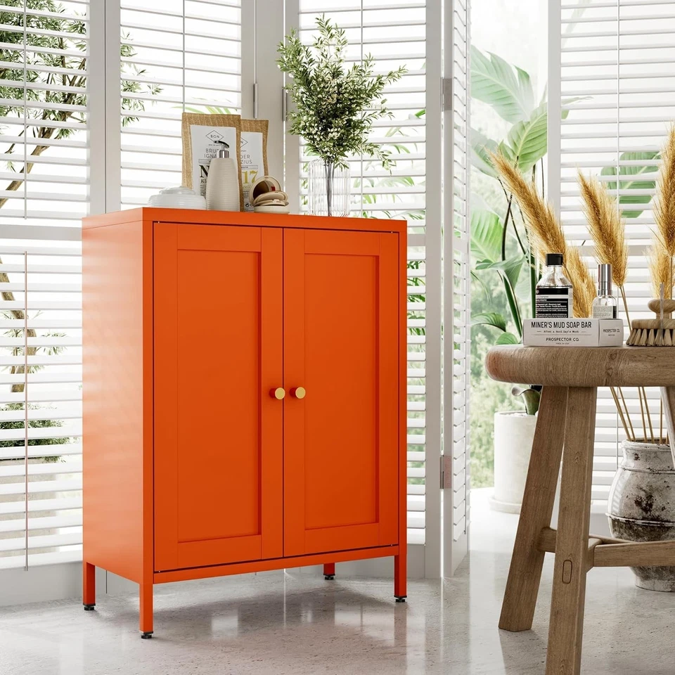 Bathroom Storage Cabinet Metal Sideboard with 2 Doors Adjustable Shelves Orange Foto 4 de 4