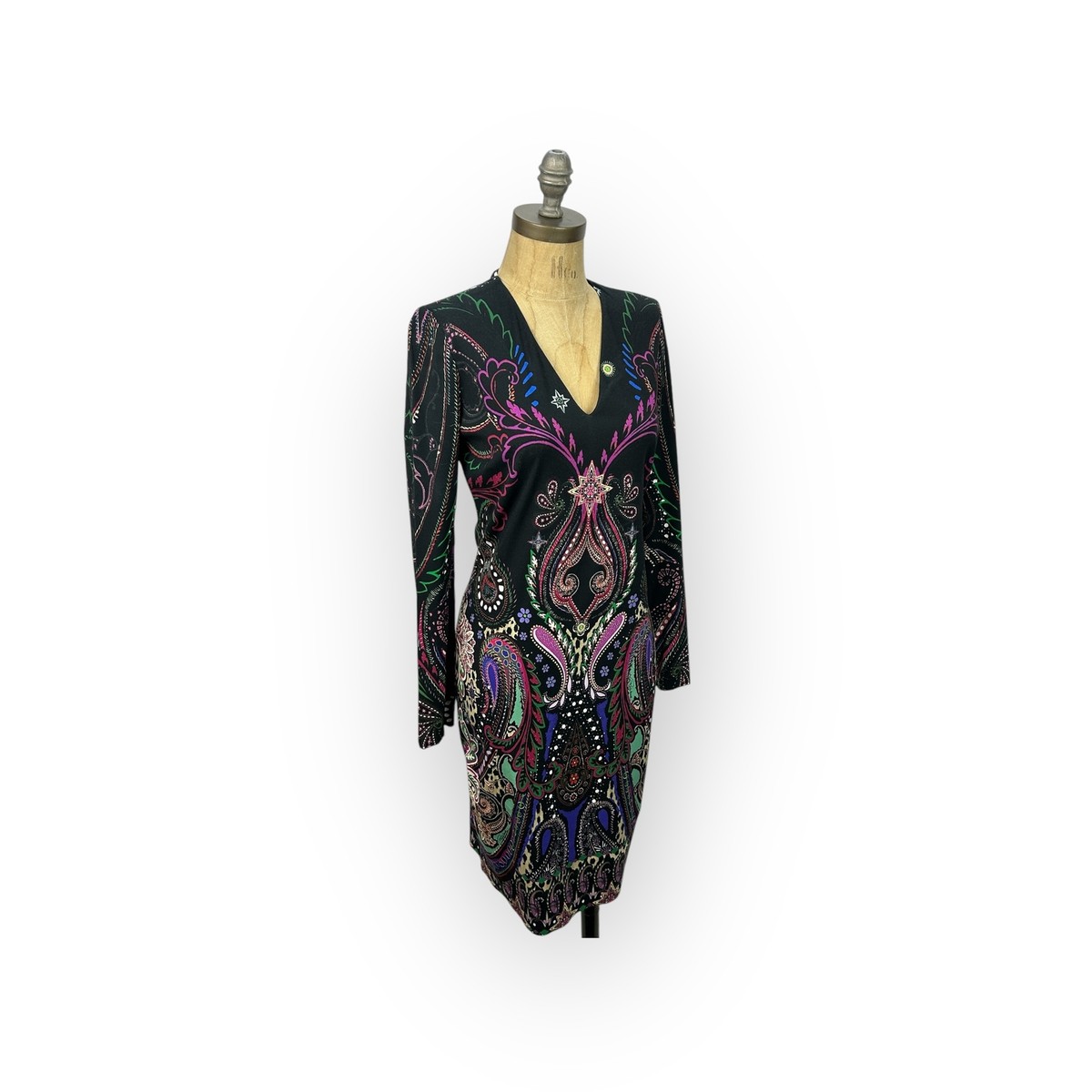 ROBERTO CAVALLI★素敵!PAISLEY LLIC LONG SLEEVE DRESS ROBERTO CAVALLI Italy Paisley Print Long Sleeve V-Neck