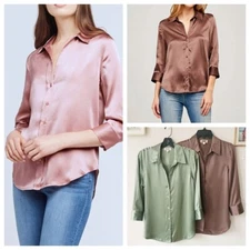 L'Agence V-neck Silk Solid Color Long Sleeve Shirt Blouse Top