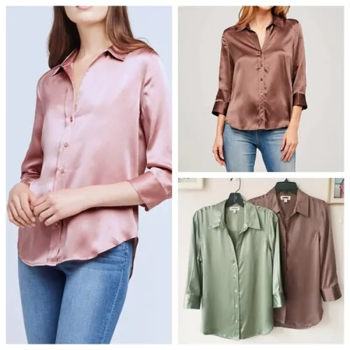 Camisa Blusa Top L'Agence Cuello en V Seda Color Sólido Manga Larga - Imagen 2 de 29