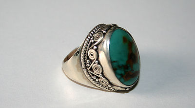 Bague En Argent Avec Turquoise Naturelle - Taille US 7.5 (Taille 55) - Style Népal, Neuf Sans Emballage