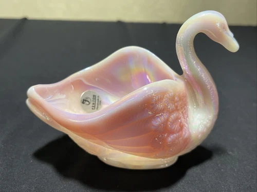 Fenton  Art Glass  Rosaline  Irredesent Swan Figurine Trinket Dish 5”