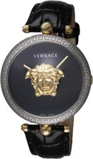 VERSACE Watch Palazzo Empire Round Medusa Buckle Leather Band Black/Silver NEW