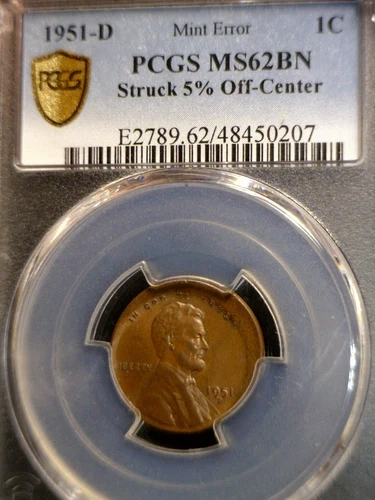 1951d ERROR PCGS MS62 Off Center Lincoln Wheat Cent Coin NICE BU + O/C  NR