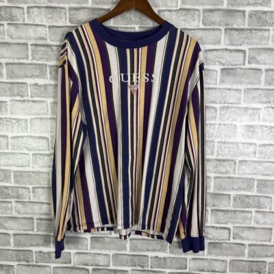 Vtg Guess Los Angles 90s Color Vertical Striped Question Logo T-Shirt Mens Large