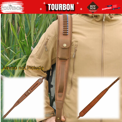 TOURBON Canvas Rifle Sling Firearm Carry Strap .22LR Ammo Slot Adjustable Brown