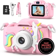 Cámara de juguete para niños con funda de silicona (tarjeta SD de 32GB incluida)