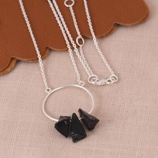Circular Pendant 925 Sterling Silver Multi Raw Black Obsidian Healing Necklace