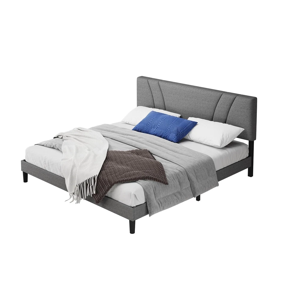 King Bed Frame, Upholstered Platform Bed Frame with Adjustable Headboard, Woo... - Image 4 of 4