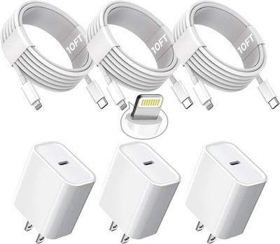 10FT iPhone Fast Charger Cord 3 Pack MFi Certified Lightning Cable USB C Adapter