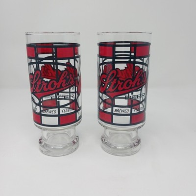 2 Vintage Strohs Beer Glasses  Stained Glass Footed Pedestal Fire Brewed READ
