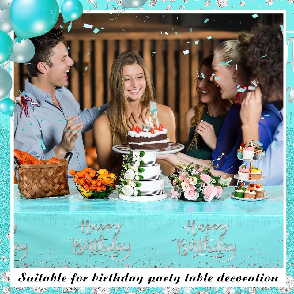 3 piezas manteles de plástico desechables cubiertas verde azulado feliz cumpleaños 54X108 pulgadas Foto 4 de 4