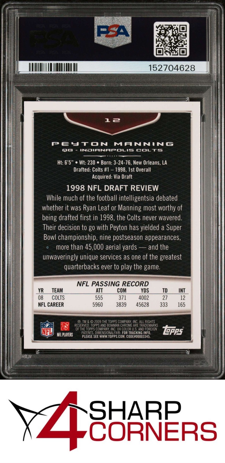 2009 BOWMAN CHROME #12 PEYTON MANNING COLTS HOF PSA 10 view 2