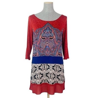 Akemi + Kin Tunic Top Women's Medium Red Blue Print Boho Patchwork Color Block
