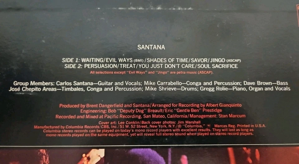 Santana "Santana" Self Titled 1969 Columbia, 1972 re-release Vinyl Record LP VG  - Image 4 of 4