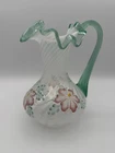 Fenton Spiral Optic Painted Floral Pitcher Green Crest Glass Artist Signed