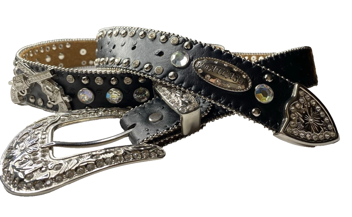 ATLAS Crystal Western Belt Black Leather Rhinestone Cowboy Belt Size Medium Atlas Rhinestone Belts for Women for sale | eBay main image 4