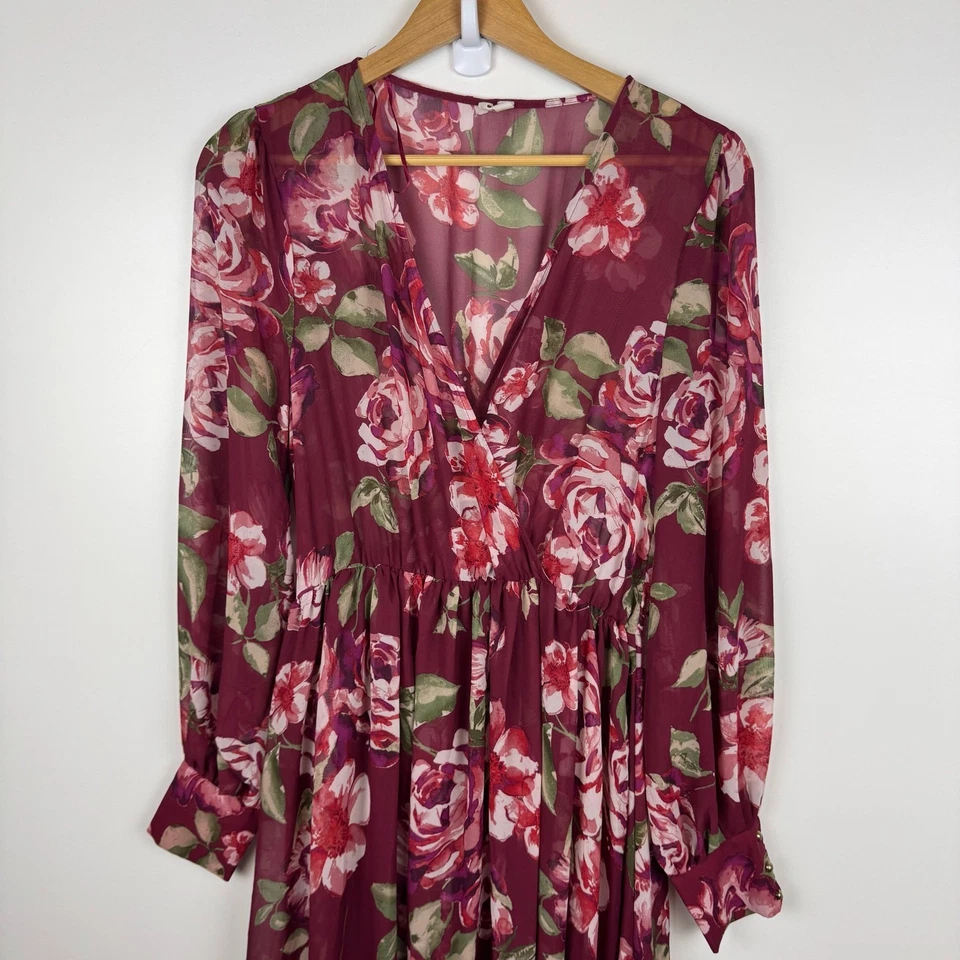 PinkBlush Maternity Chiffon V-Neck Burgundy Floral Maxi Dress Sz M Flowy Boho - Image 2 of 4