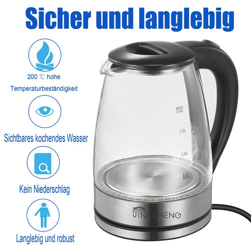 Wasserkocher Glas Glaswasserkocher Edelstahl 1500W Teekocher BPA frei 2.0L DHL - Bild 10 von 15