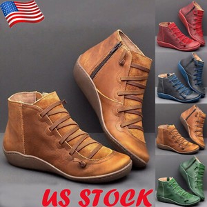 US-Womens-Lace-Up-Ankle-Boots-Flat-Heels-Ladies-Casual-Side-Zipper-Comfort-Shoes