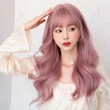 Long Wavy Pink Wigs for Women Party Costume Synthetic Hair Wig with Bangs Wig