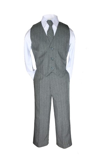 Nuevo Bebé Niño Pequeño Niño Adolescente 4 PIEZAS Chaleco Pantalones Set Traje Formal a Rayas Gris Talla S-14 - Imagen 3 de 7