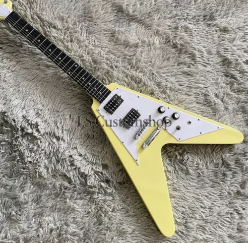 70s Flying V Cream White Electric Guitar HH Pickup Solid Body Rounded Fret