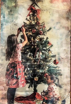 Christmas 2 Girls Decorating Christmas Tree Presents Postcard Ephemera #4464