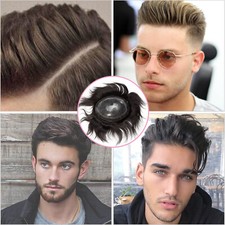 Invisible FULL PU Mens Toupee 100 Human Hair Replacement System Hairpieces Poly