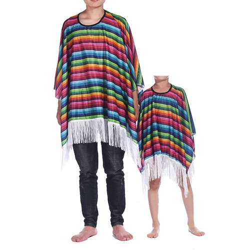 Kids Adult Mexican Party Costume Mustache Party Decor Poncho Sombrero Hat 4Pcs - Picture 4 of 28