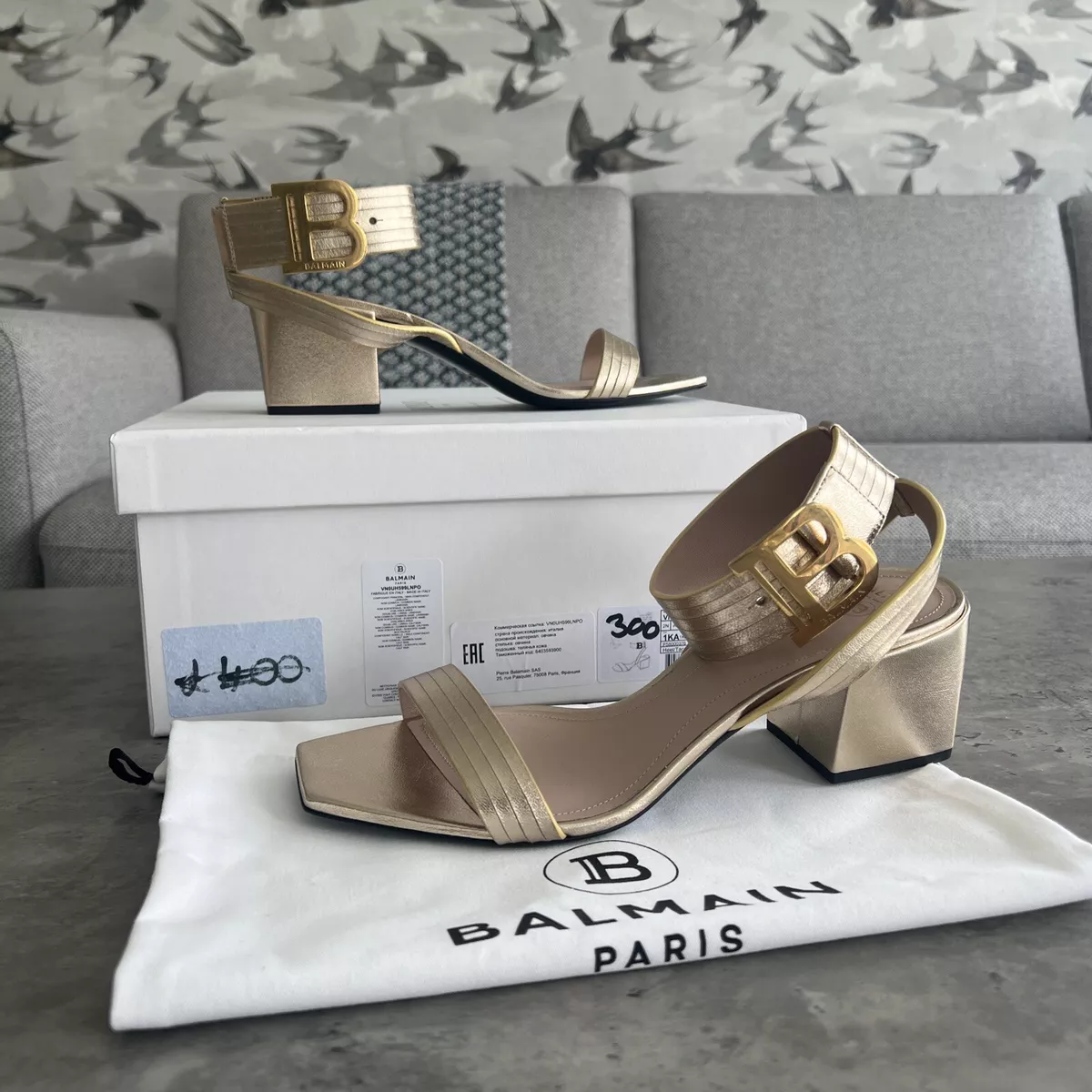 BALMAIN Leather Sandals EU38 UK5 Metallic Gold Ankle Strap B Buckle Criss Cross